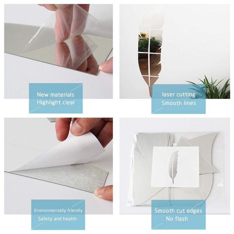 SITAKE 3D Acrylic Mirror Wall Decor Stickers, 11.8x49.2 Inches Feather Shaped DIY Self-Adhesive Wall Art Decals, Home Decorations for Living Room, Bedroom, Bathroom, Farmhouse (Silver) - Image 3